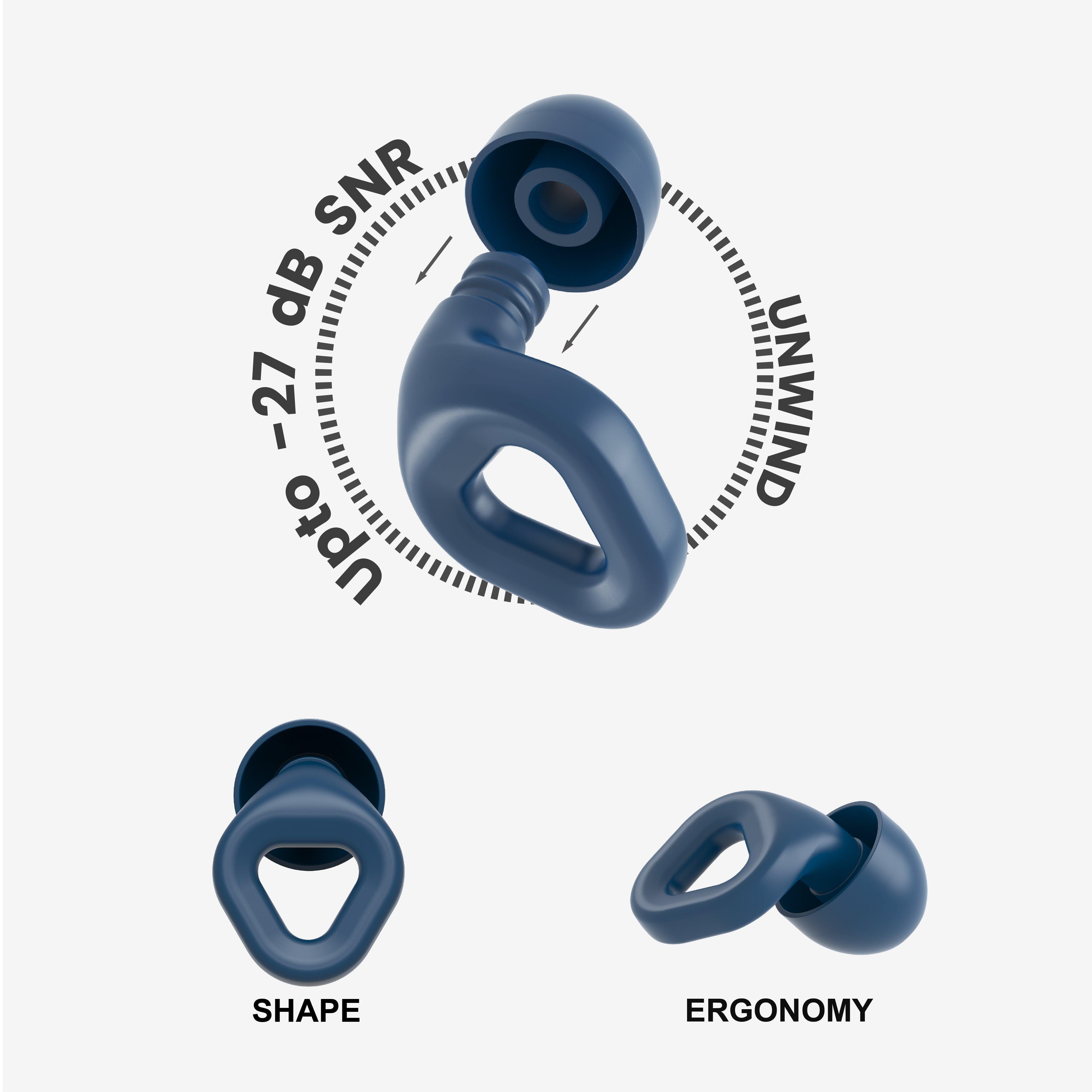 Zenz Unwind navy blue earplugs with an infographic detailing up to 30dB noise reduction, ergonomic shape, and innovative design.