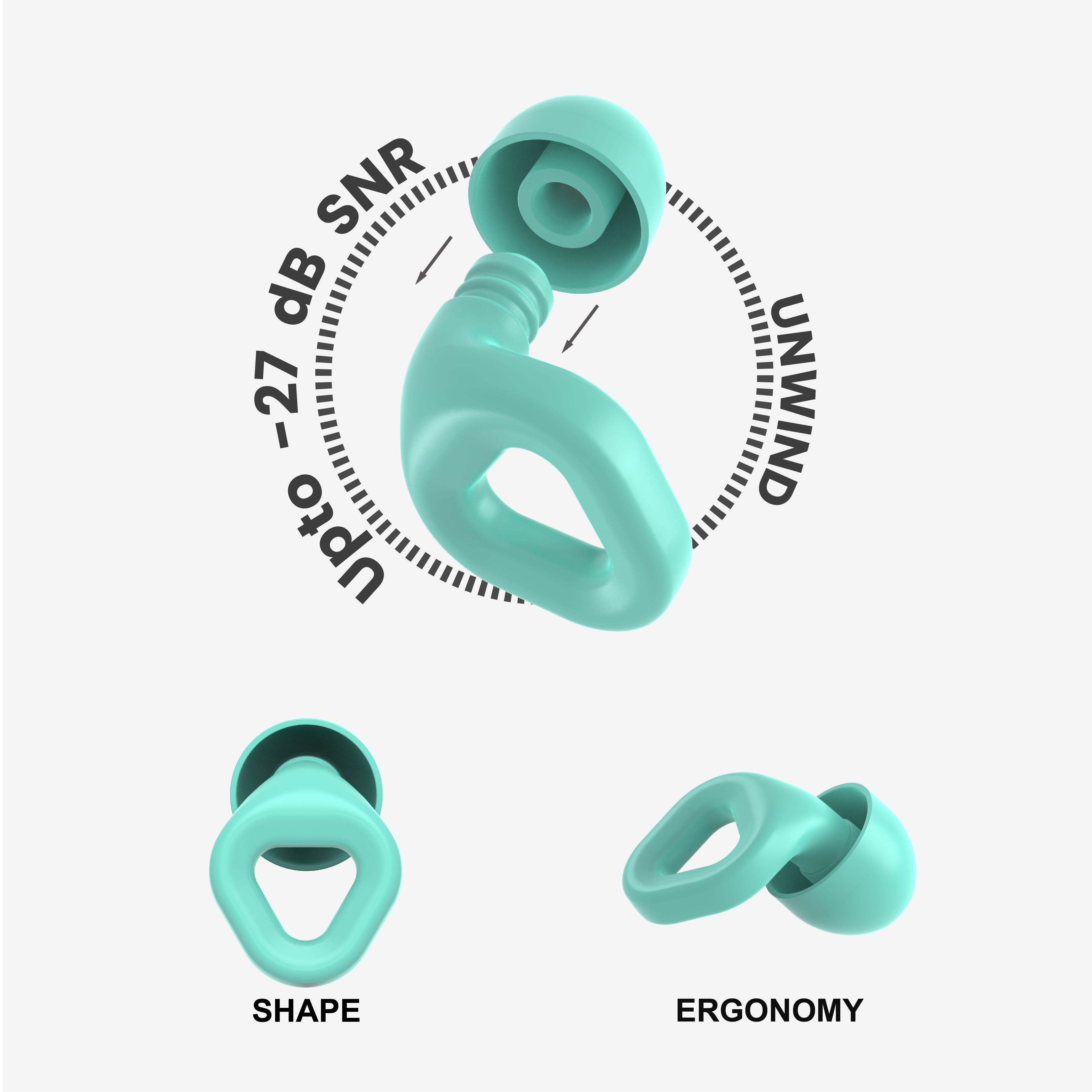 Zenz Unwind mint green earplugs with an infographic detailing up to 30dB noise reduction, ergonomic shape, and innovative design