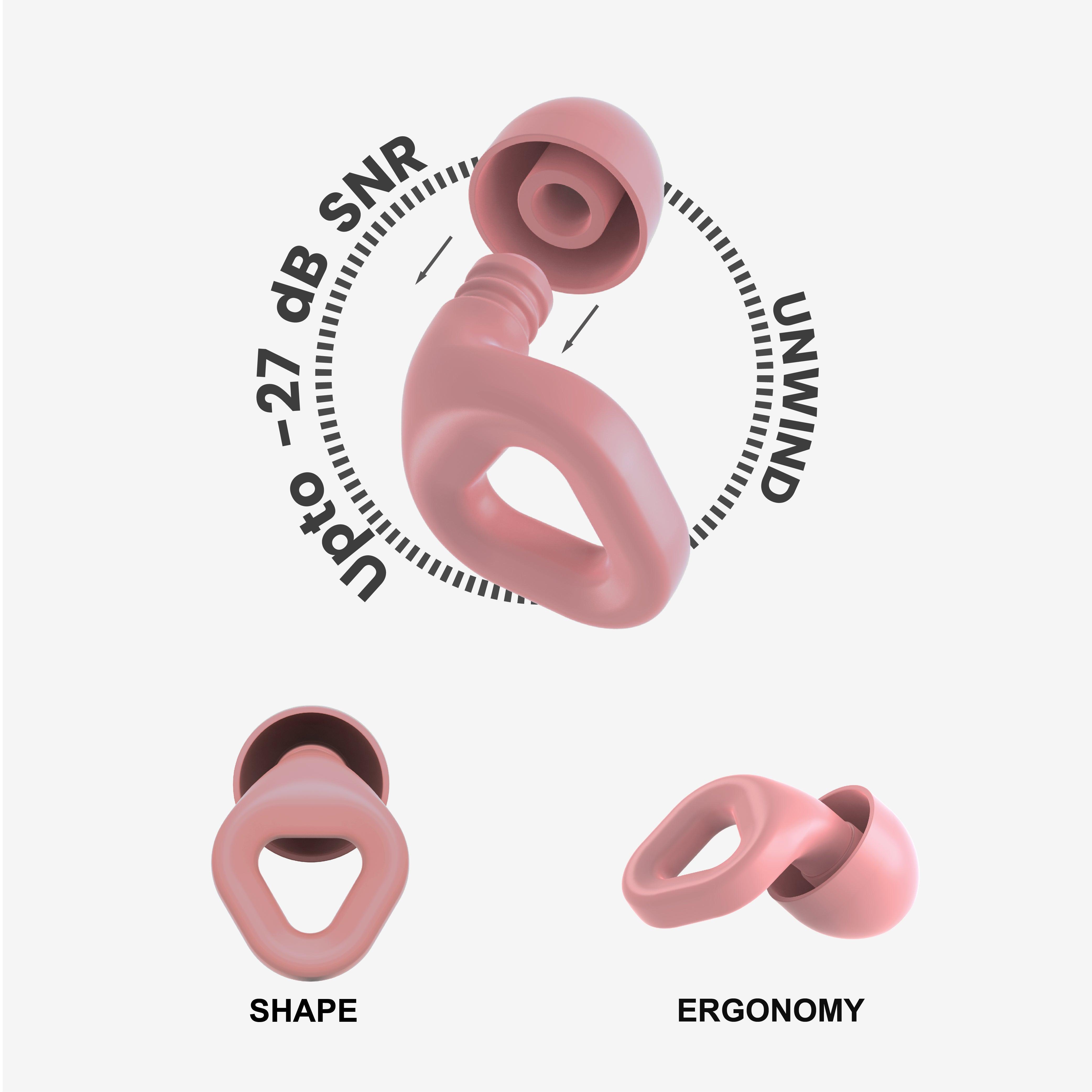 Zenz Unwind pink earplugs with an infographic detailing up to 30dB noise reduction, ergonomic shape, and innovative design