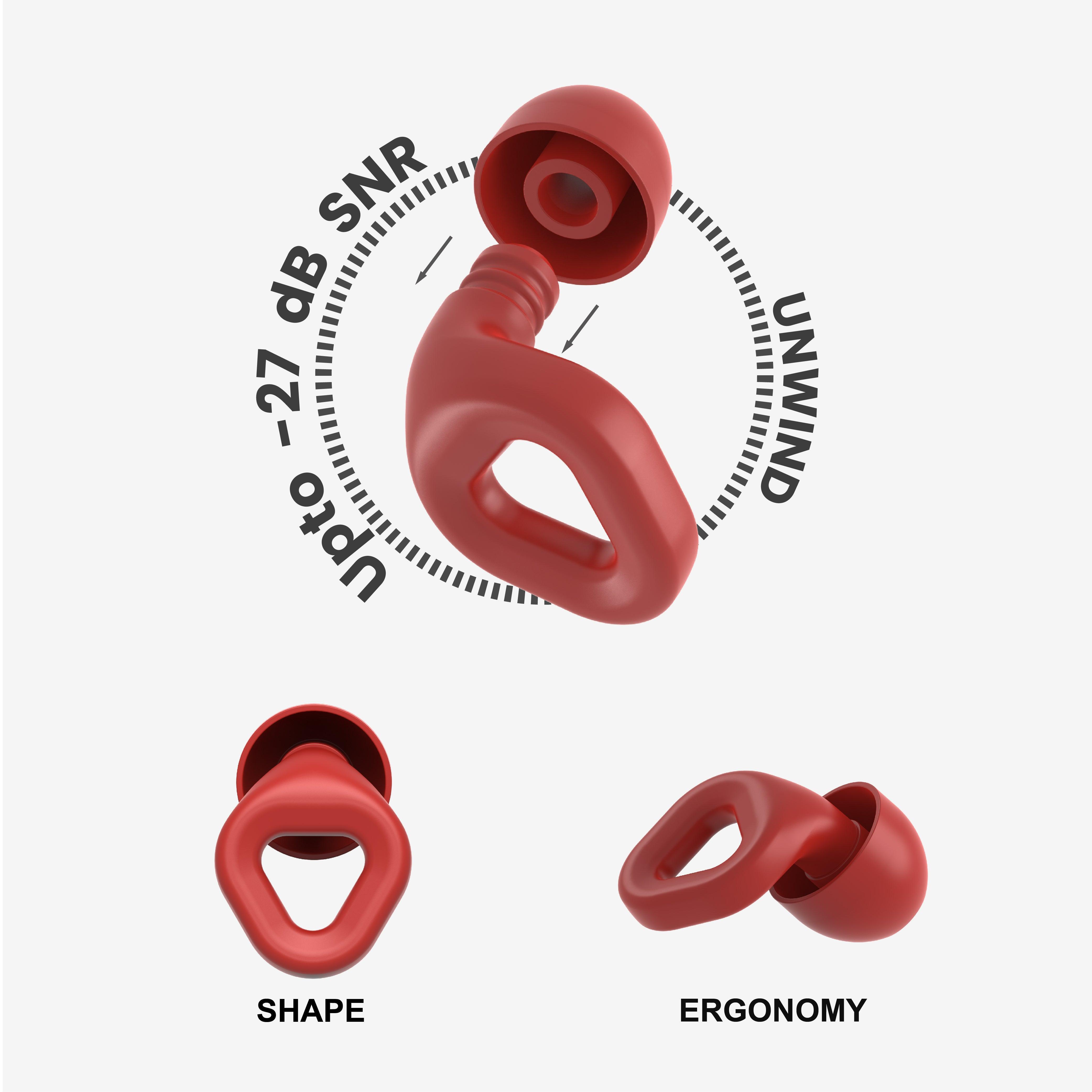 Zenz Unwind red earplugs with an infographic showing noise reduction up to 30dB and ergonomic shape