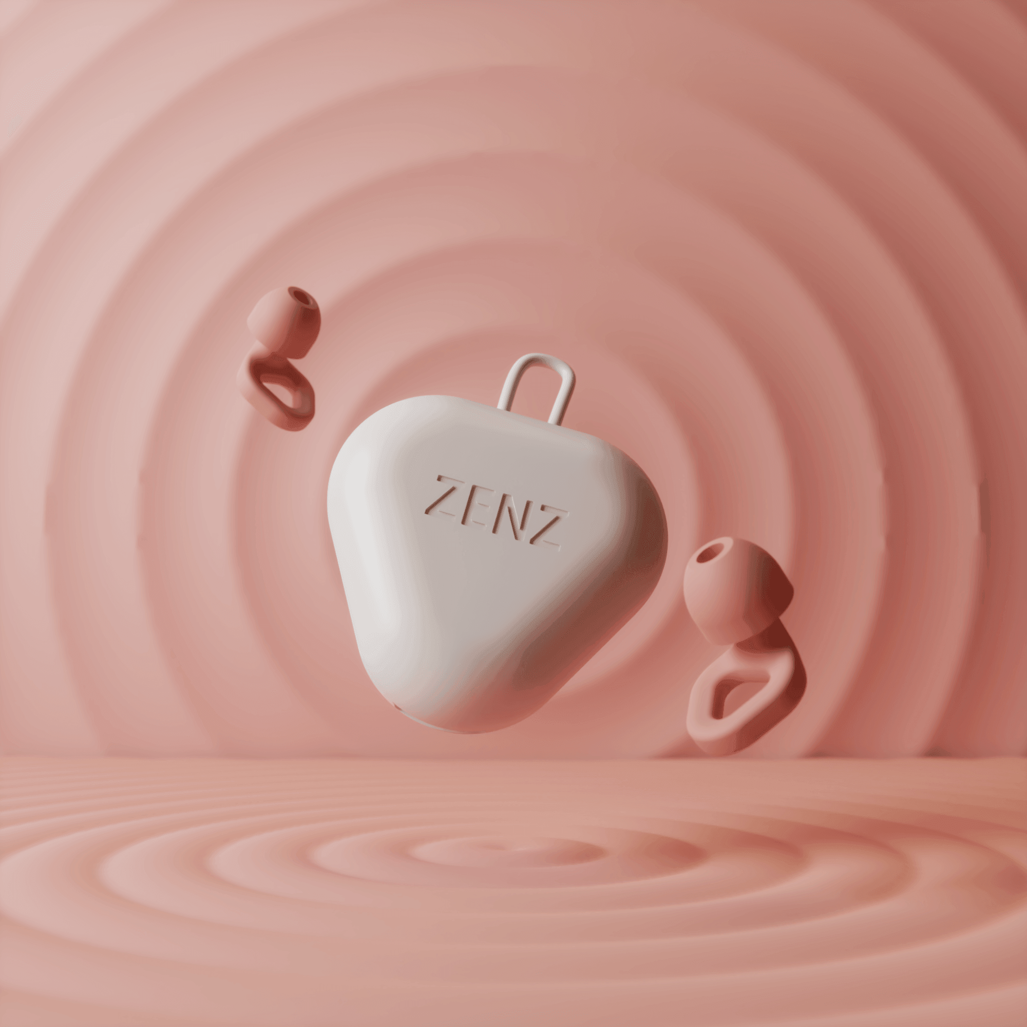 Zenz Unwind pink earplugs and carrying case floating within a futuristic pink circular light, emphasizing advanced noise-canceling technology and modern design